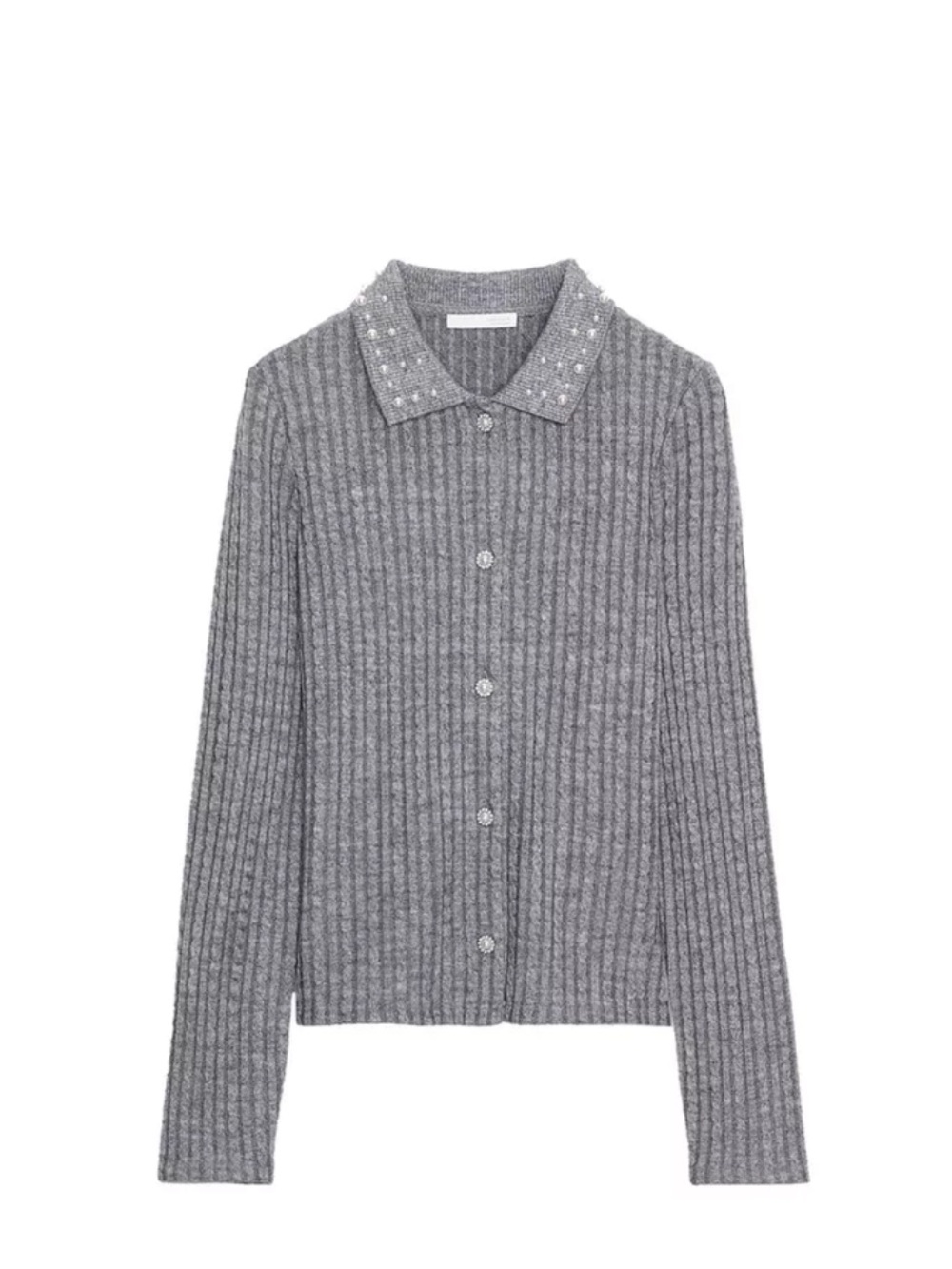 Zara Gray Ribbed Button-Up Cardigan with Embellished Collar